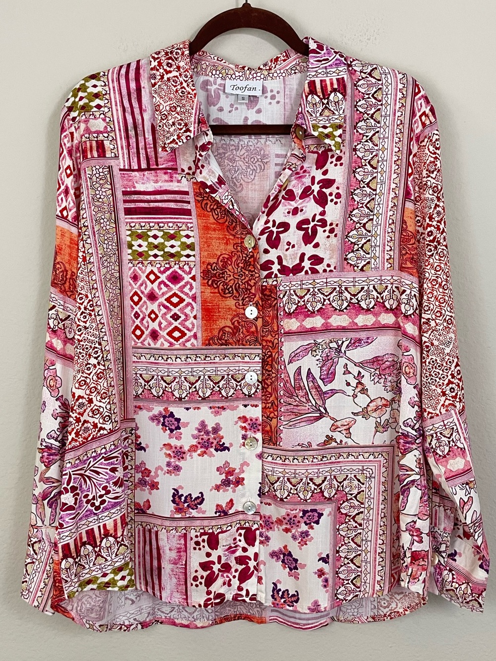 TOOFAN Floral Patchwork Roll Tab Sleeves Button Up Shirt Size Small